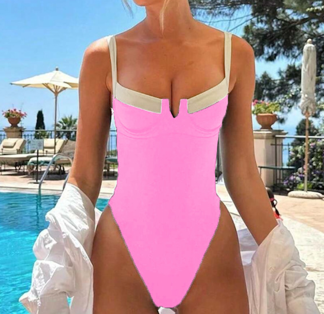 Solid Color French Retro One-PieceSexy  Swimsuit